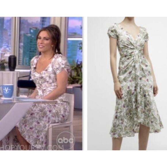 Cinq A Sept Walker Floral Midi Dress 8 Asymmetrical v-neck short sleeves Ivory - Picture 8 of 13